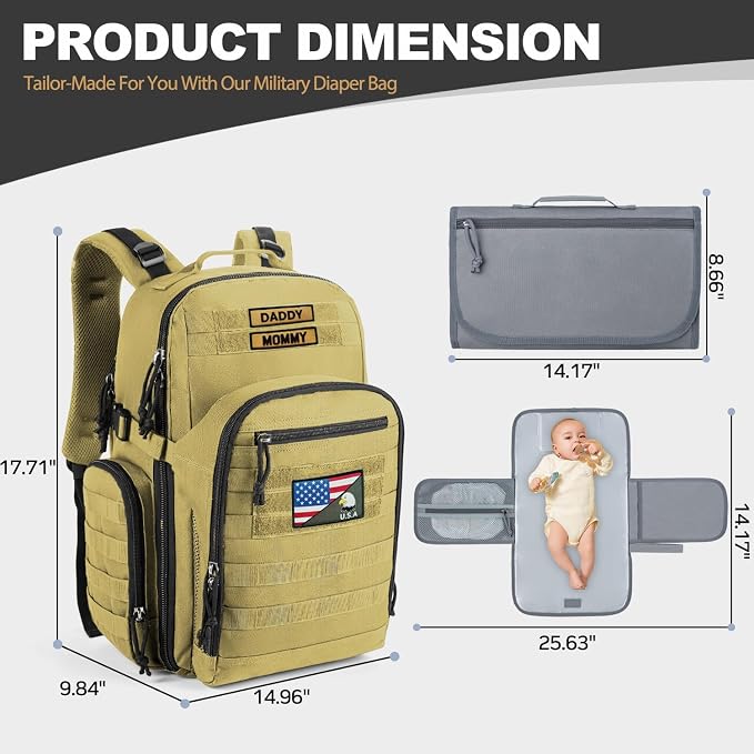 MIRACOL Military Diaper Bag for Dad - Tactical Style Baby Backpack with MOLLE & Changing Pad - 14 Compartments Rugged Design for Outdoor Travel Camping Tan - Image 7