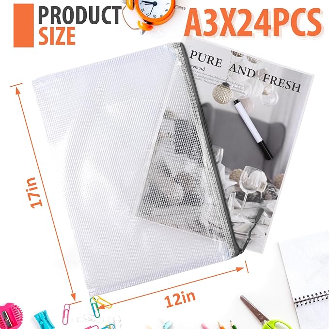 24pcs Mesh Zipper Pouch, Puzzle Storage Bags, A3 17x12 Inches Large Reusable Zipper Pouches for for Classroom Office Supplies Organizing, Extra Large Zipper Bags, Board Game Storage - Image 2