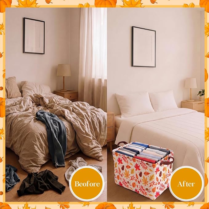 Fourluoo 6 Pack Floral Storage Basket with Handles Clothes Storage Basket Bin Foldable Box Bins Organizer for Closet Shelf Nursery Kid Room Book Toy Chest(6,Pumpkin) - Image 2