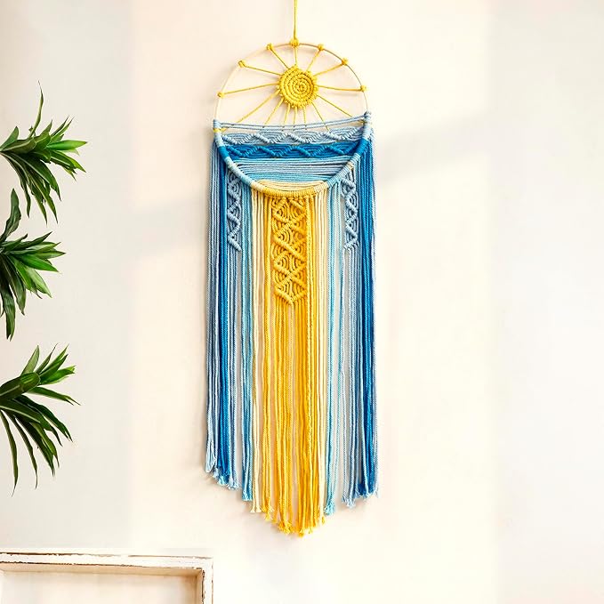 Artilady Macrame Wall Hanging Tapestry Boho, Blue Dream Catcher Sun Decor | Large Tapestry, Handmade Woven, Farmhouse Rustic, Colorful Sunshine Wall Art, Bedroom Living Room Kitchen Home Decor by Artilady