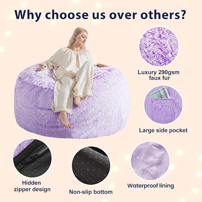 Huge Bean Bag Covers Only, Fluffy Stuffed Beanbag Chair Covers No Filler, Washable Bean Bags Cover for Adults, Stuffed Animal Bean Bag Anti-Slip, 6FT, Purple - Image 5
