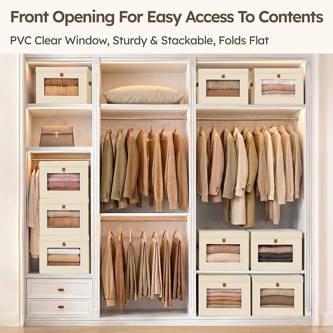 Storage Bins with Lids - Front Opening Storage Box with Clear Window & Handles, Stackable Foldable Fabric Bins for Closet Organization, Clothes, Sweaters, Towels, Blankets, 3 Pack, Beige - Image 2