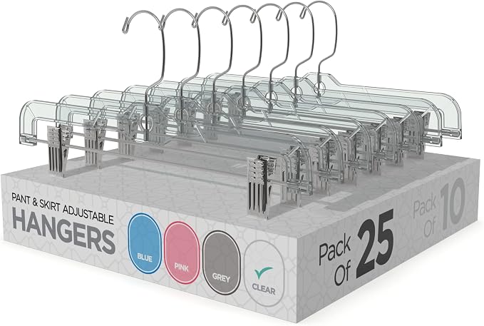 Pants & Skirt Hangers with Adjustable Metal Clips - Durable Space Saving Closet Hanger for Pants, Jeans, Shorts, Shirts - Clothing Garment Hangers for All Types of Apparel - Clear, 25 Pack by Sharpty