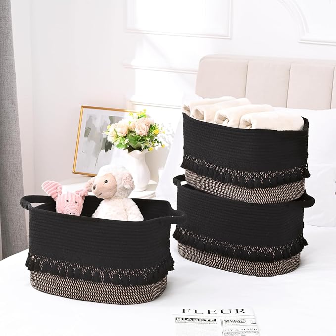2 Pack Storage Basket for Shelves, Boho Cotton Rope Storage Bins with Heavy Tassel, Shelf Baskets Large Woven Baskets for Organizing, Cube Organizer Bins, Baby Laundry Basket for Clothes, Toys, Pets - Image 7