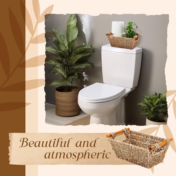 Marsui 6 Pcs Small Hand Woven Wicker Baskets with Wooden Handles, Seagrass Rattan Storage Baskets Bin Organizer Shelf Pantry for Bathroom Storage Towel Kitchen Washroom Gifts Decor, 9" x 6" x 4" - Image 5