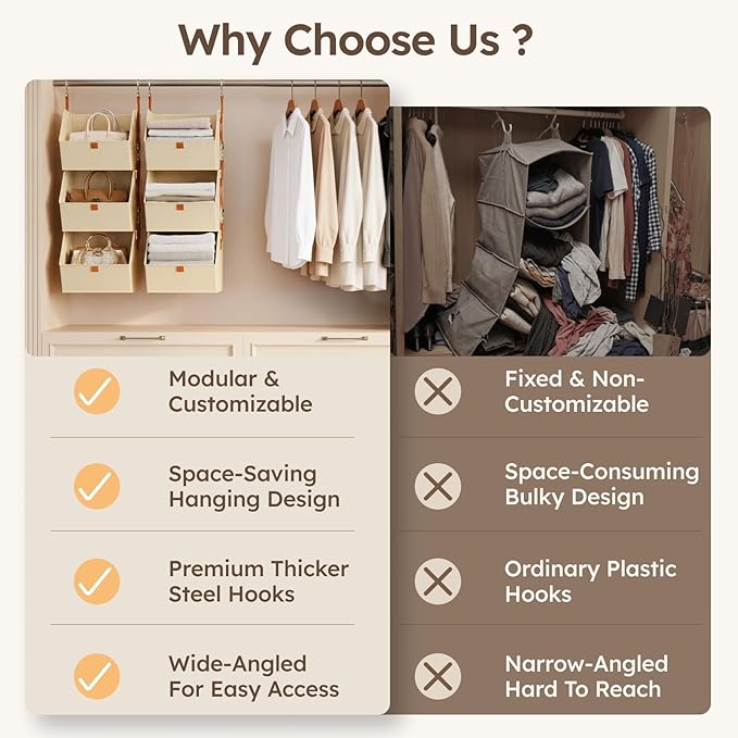 Collapsible Hanging Closet Organizer - 3 Tier Closet Shelves Storage System with Hooks, Fabric Hanging Storage Bins for Clothes, Foldable Storage Basket for Laundry, Bedroom, Rv, Beige - Image 5