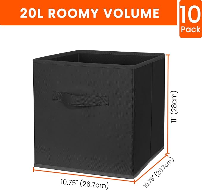 Storage Cubes, 11 Inch Clothes Storage Bins for Shelves Closet (10 Pack), Fabric Collapsible Storage Bins with Dual Handles, Cubby Storage Baskets for Magazines, Dorm Essentials (Black) - Image 2