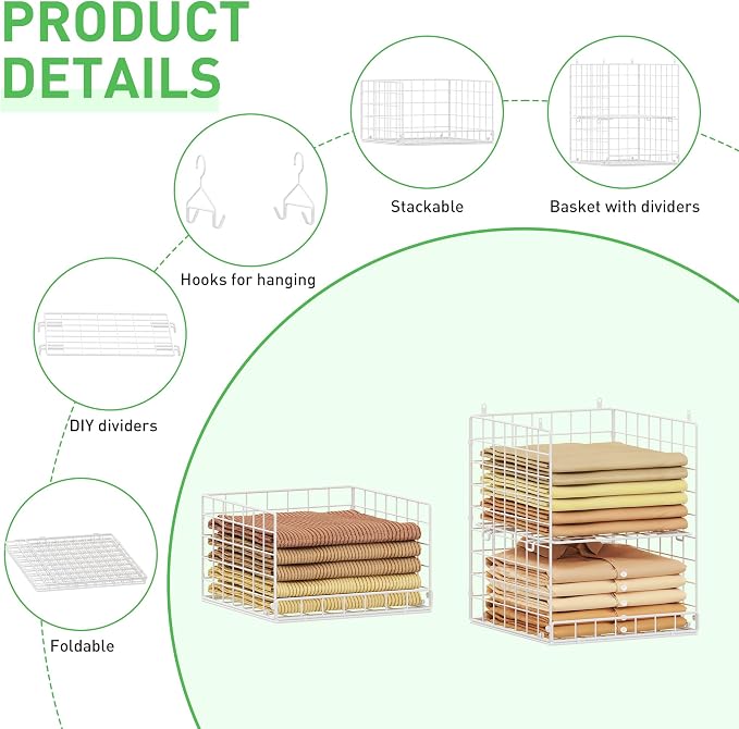6 Tier Hanging Closet Organizers and Storage, 4 Hooks 2 Adjustable Dividers | Stackable Hanging Closet Shelves, Wire Storage Basket Bins for Clothing Purse Sweaters Shoes Socks Dolls, Foldable - Image 4