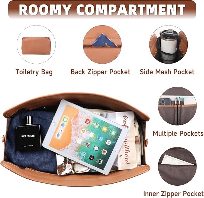 Travel Duffle Bag for Men Women, PU Leather Duffel Bag for Traveling, Large Carry on Weekender Overnight Bag with Shoe Compartment, Perfect for Travel/Daily Use - Image 6