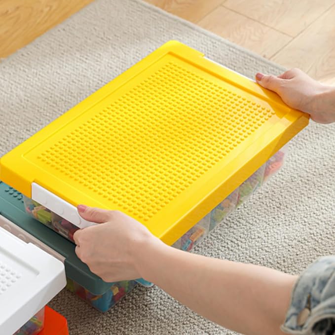 Building Block Organizer Bin, Building Baseplate Lid | Double Layer Plastic Brick Storage Box, Stackable Art Crafts Container with Removable Divided Tray for Home, Office, Yellow - Image 6