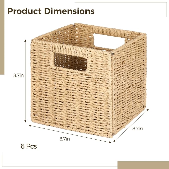 OMISTAR 6 Pcs 8.7 Inch Wicker Storage Cubes Bins - Woven Paper Rope Storage Baskets, Foldable Storage Bins with Handles, Collapsible Square Storage Containers for Shelves, Closets, 8.7×8.7×8.7" - Image 4