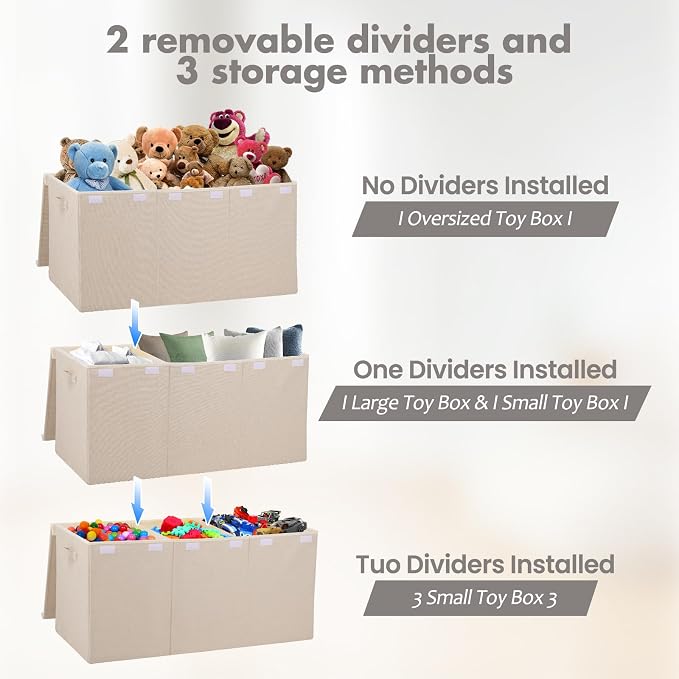 167L Large Toy Box Chest Storage with Lid, Collapsible Kids Toy Storage | Toy Chest with with Removable Divider for Kids, Boys, Girls, Nursery, Living Room, Bedroom, 35.5"x17" x17" (Linen Beige) - Image 3