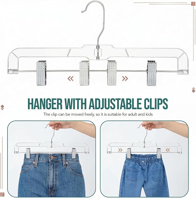 HOUSE DAY 120 Pack Clear Pants Hangers with Clips, Plastic Skirt Hangers for Women, 14 Inch Clip Hanger for Pants, Skirts, Jeans, Shorts, Legging, with 360-degree Swivel Hook, 2 Adjustable Clips - Image 3