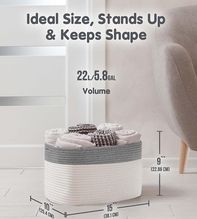 CHAT BLANC Cotton Rope Baskets for Organizing, Shelves, Toys, Storage, Shoe, Bathroom, Laundry, Towel, Nursery, Home Decor, Blanket, Cloth Woven Bins Fabric (Dark Gray & Creamy White7, 15"x10"x9") - Image 3