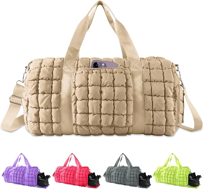 Quilted Travel Duffle Bag Gym Bag for Women,Large Puffer Duffle Weekender Bag with Compartment,Workout Overnight Carry on Organizer Bag Duffle Bag for Airplane Travel(Khaki) by XSUIOY