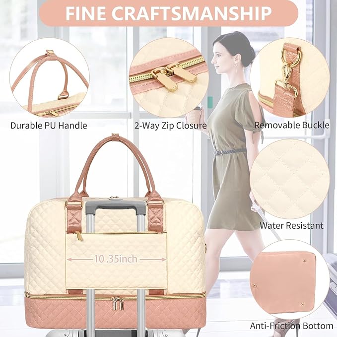 3PCS Weekender Bags for Women Large Overnight Bag, Pink Beige | Weekender Travel Duffel Bags Carry on Shoulder with Shoe Compartment Toiletry Bag Satchel Bag for Travelling Business Gym - Image 2
