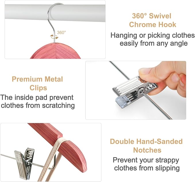 TOPIA HANGER American Red Cedar Wooden Hangers with Adjustable Metal Clips and 360° Swivel Hook, Premium Wood Clothes Hangers 20 Pack for Suit, Pant, Skirt, Jeans, Coat, Jacket-CT28C20 - Image 3
