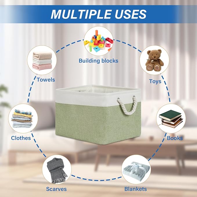 Temary Fabric Storage Baskets 4Pack Storage Bins Decorative Basket for Gift, Clothes Bin with Handles, Rectangle Baskets for Storage, Blankets(White&Green,15x11x9.5 inch) - Image 4