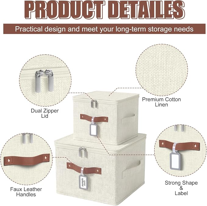 6 Pack Fabric Closet Storage Bins with Zipper Lids and Label, 10×8×7In Large Size Foldable Cotton Linen Storage Cubes Boxes with PU Leather Handles Holders for Bedroom, Shelf, Nursery, Beige - Image 3