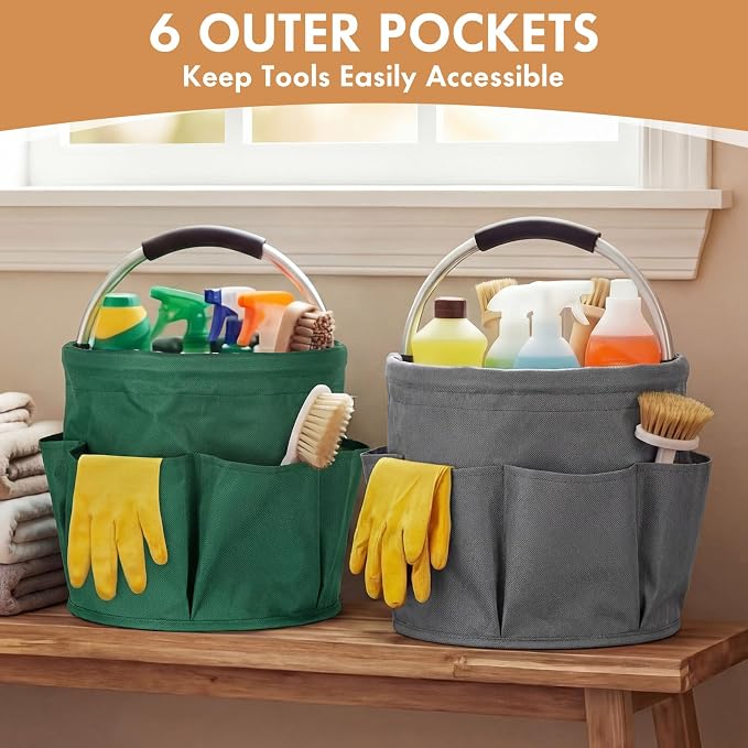 LemonRoad 4 Pack Cleaning Caddy with Handle 17L Foldable Cleaning Supplies Organizer Oxford Cloth Storage Basket with 6 Pockets Portable Multi Bucket Bag for Home Garden(Black,Gray,Navy Blue,Green) - Image 4