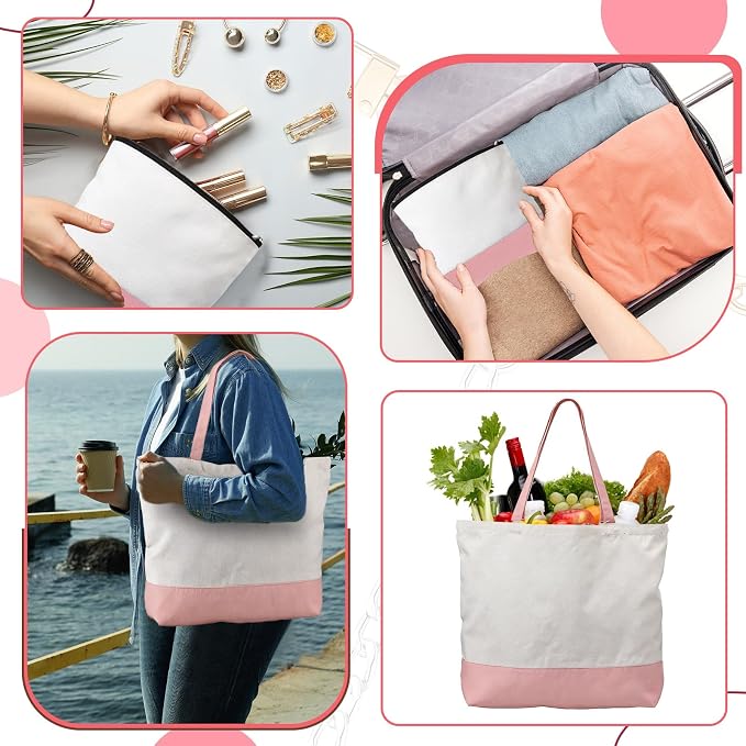 Sanwuta Large Blank Canvas Tote Bags and Makeup Bags Blank Reusable Grocery Luggage Canvas Tote with Handles (Pink,20 Pcs) - Image 6
