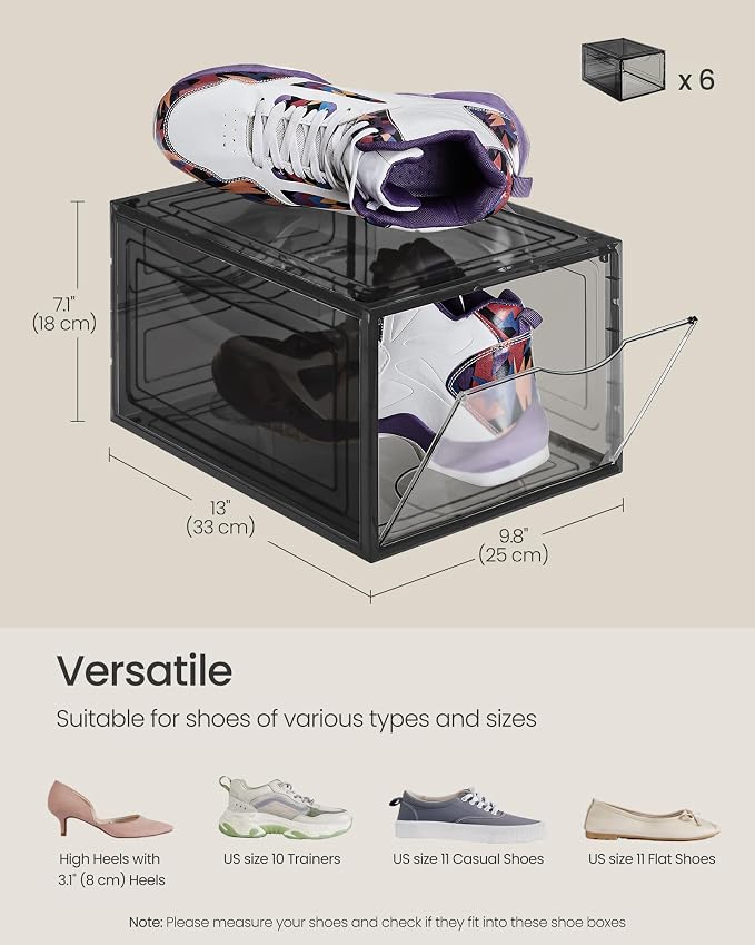 SONGMICS Shoe Boxes, Set of 6, Clear Plastic Sneaker Box, Up to US Size 11 | Stackable Shoe Storage Organizers, Drop Front Door, 13 x 9.8 x 7.1 Inches, Transparent Black, DENNYS Collection ULSP406B01V1 - Image 6
