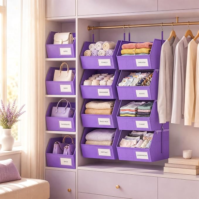 2 Pack 4-Tier Hanging Closet Organizer, Detachable Hanging Storage Shelves with Reinforced Side Panels, Hanging Closet Organizer for Clothes, Sweaters, Towels, Socks & Accessories, Purple - Image 6