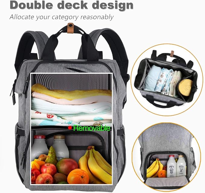 Hap Tim Diaper Bag Backpack,Large Capacity Travel Back Pack Maternity Baby Nappy Changing Bags, Double Compartments with Stroller Straps,Waterproof,Grey (US7340-G) - Image 4