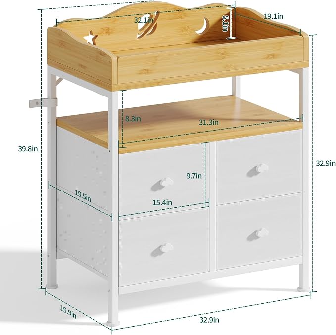 POKIPO Bamboo Changing Table Dresser with Sturdy Metal Frame, 4 Fabric Drawers, 3-in-1 Baby Dresser with Changing Table Top, Diaper Changing Station and Storage Organizer for Modern Nursery - Image 2