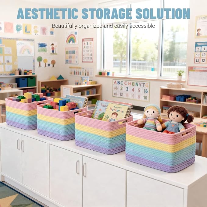 5 Pack Woven Storage Baskets, Decorative Storage Bins for Organizing | 13.8'' × 9.8'' × 7.9'', Cute Cotton Rope Basket Organizer for Closet, Shelves, bathroom, Nursery, Toys, Books, Rainbow - Image 5