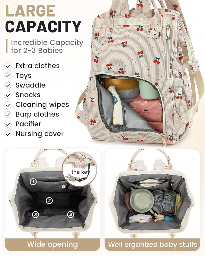 Corduroy Diaper Bag Backpack, Large Capacity Multifunction Baby Diaper Bags for Women, Insulated Bottle Pockets & Pacifier Case, Stylish Travel Nappy Changing Bags for Mom Dad (Cherry) - Image 4