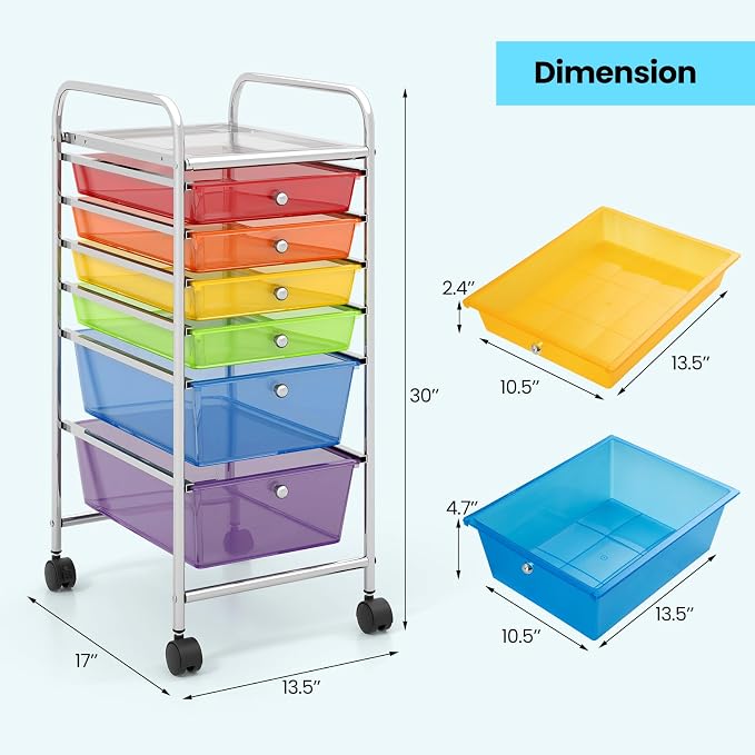 Giantex 6 Storage Drawer Cart Rolling Organizer Cart for Tools Scrapbook Paper Home Office School Multipurpose Mobile Utility Cart (Multicolor) - Image 3