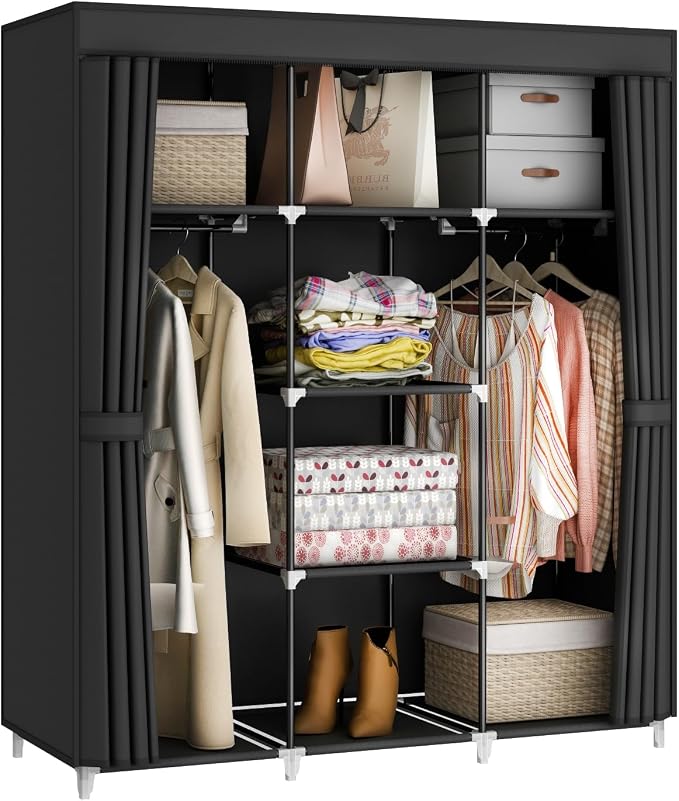 51" Portable Wardrobe Closet, Clothes Organizer, 8 Shelves 2 Rods, Black by MOGELAFOO