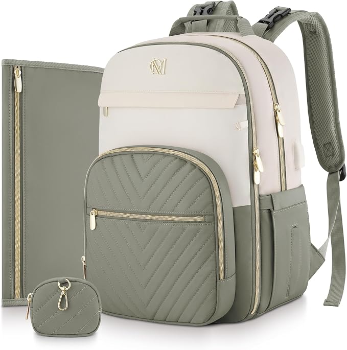 Diaper Bag Backpack, Quilted Baby Bag with Changing Pad & Stroller Straps & Pacifier Case, Large Travel Diaper Bags for Mom Dad, Green Beige by MOMUVOOFFICIAL
