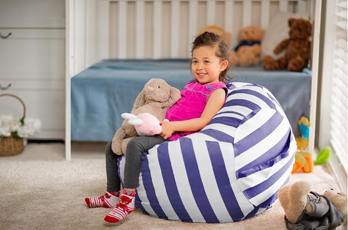 WEKAPO Stuffed Animal Storage Bean Bag Chair Cover for Kids | Stuffable Zipper Beanbag for Organizing Children Plush Toys Large Premium Cotton Canvas (Navy Strip, X-Large) - Image 6