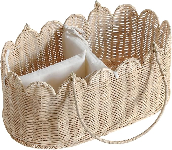 Premium Wicker Baby Diaper Caddy Organizer,Woven Scalloped Rattan Basket with Handle,Wicker Baby Carriage for Nursery (Scalloped Rattan Baby Diaper Caddy Organizer) - Image 6