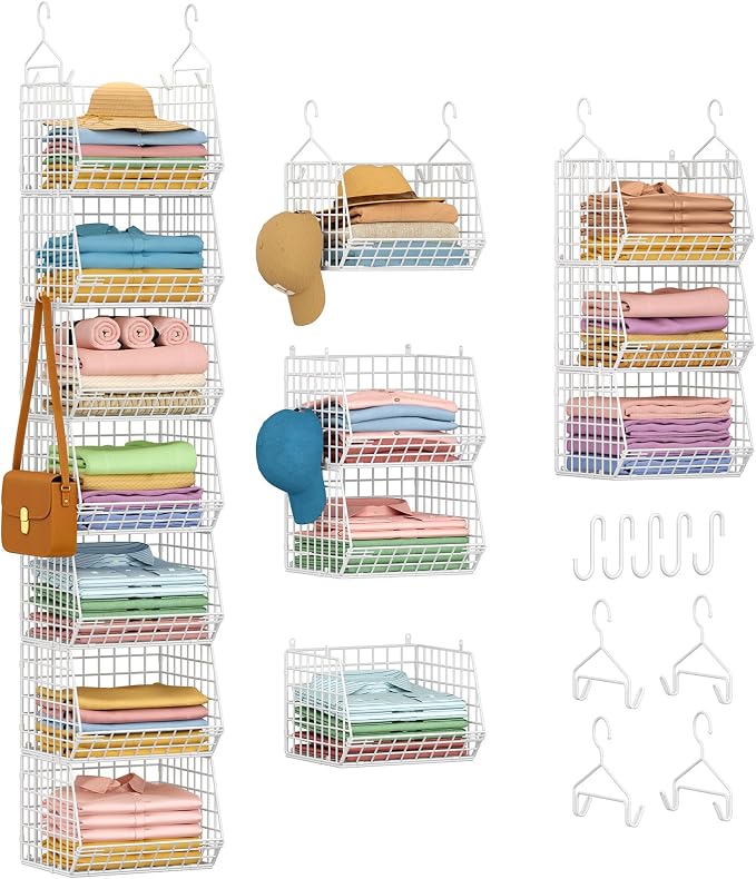7 Tier Hanging Closet Organizer and Storage, Foldable Wire Closet Shelving with 4 Large Hooks+5 S Hooks,Hanging Basket for Clothes Sweaters Shoes Handbags,Wardrobe Kitchen Laundry Room-White by X-cosrack