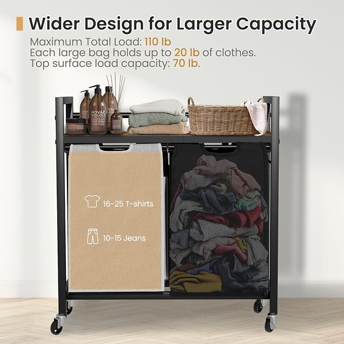 SwaaVee Laundry Sorter, Laundry Hamper with Wooden Top Shelf, 2×14.5Gal(110L), Metal Frame laundry basket with wheels, Pull out and Removable Laundry Bags, 2 Bags-Black Grey - Image 3