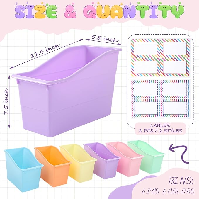 Blosssound 6 Set Book Bins for Classroom Stackable,Pastel | Plastic Baskets with Labels, Slanted Front, Library Supplies Organizers, Desktop Storage Bins, Teachers Home School Use - Image 2