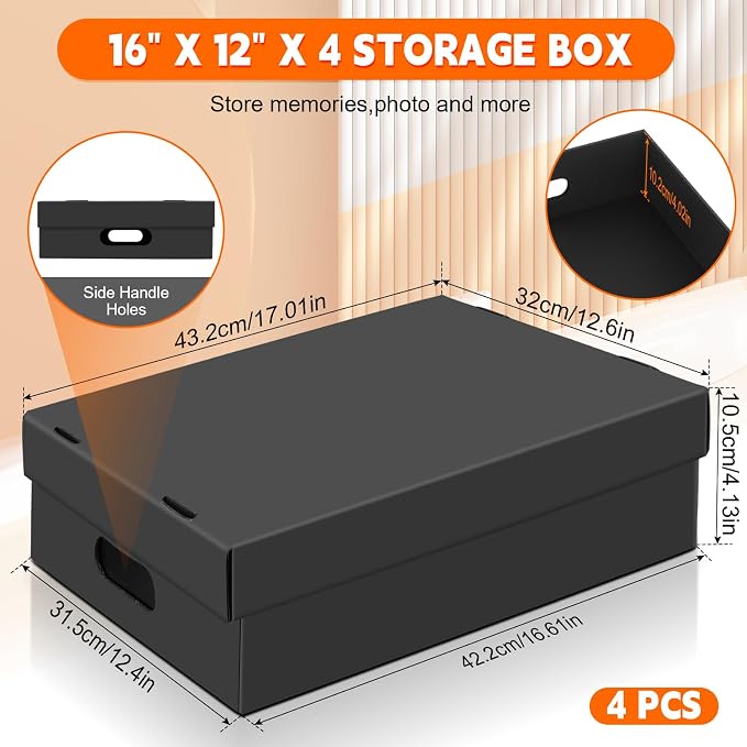 AOBOPLE 4 Pack Photo Storage Box,16" x 12" x 4" Keepsake Box with Handle Holes,Protective Storage Box for Photos Pictures Documents Artwork DIY and Souvenir,Home and Office Organizer - Image 2
