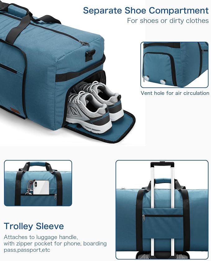 120L Foldable Waterproof Travel Duffel Bag for Men and Women with Shoe Compartment (Light Blue, EXTRA LARGE, 120L) - Image 4