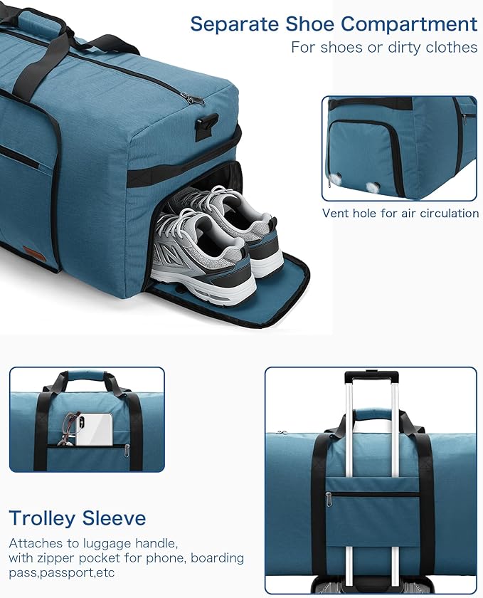 120L Foldable Waterproof Travel Duffel Bag for Men and Women with Shoe Compartment (Light Blue, EXTRA LARGE, 120L) - Image 4