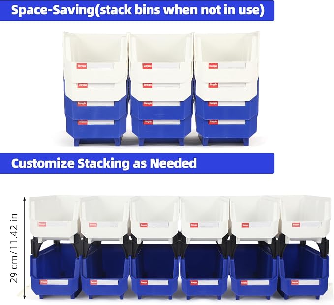 12 Packs Stackable Storage Bins, 11" x 5" x 5" Plastic Bins, | Space-Saving Parts Bin for Garage, Warehouse, Workbench, Hardware & Office - Image 4
