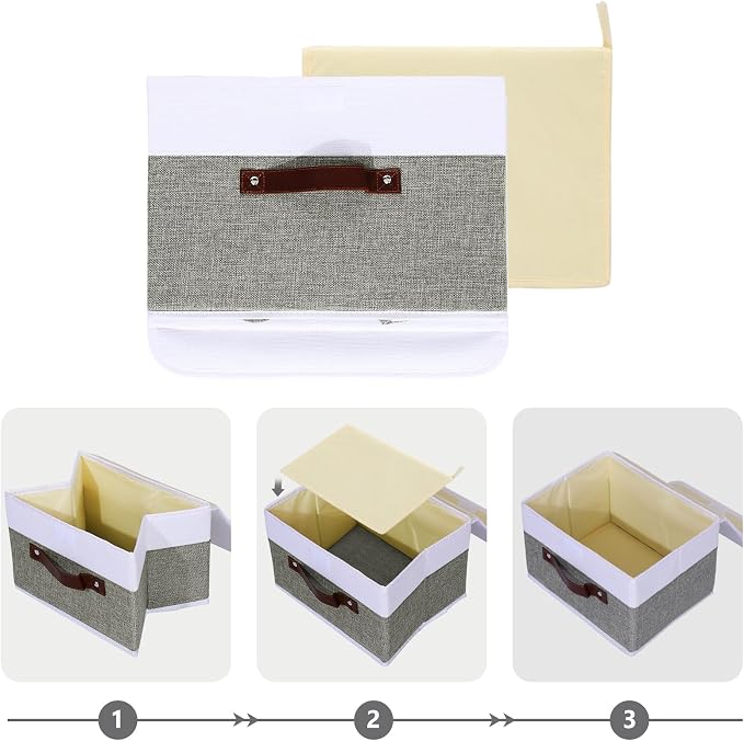 ANMINY Fabric Storage Box Bins with Lids, Gray White, 13"x9"x7.9" | Keepsake Memory Storage, Cotton Linen, PP Board Reinforced, Washable, PU Handles, Foldable & Stackable, Decorative, Medium - Image 4