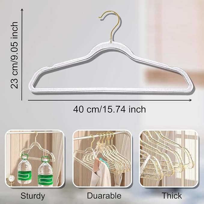 VSV stoage Clear Clothes Hangers 16", 40 Pack Plastic Coat Hanger for Adult Closet, Bling Thin Hangers with Swivel Gold Hook, Notched Shoulders Perchas - Clothing Rack for Bridesmaid Dresses - Image 4
