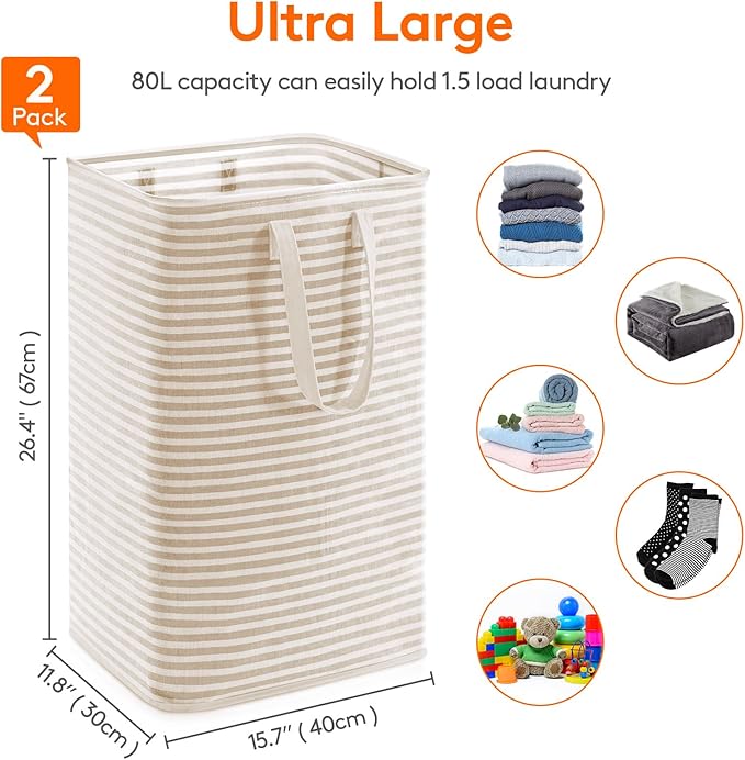 Lifewit 2 Pack Laundry Basket 80L Each, Collapsible Clothes Hamper with Reinforced Handles, Freestanding Waterproof Design for Bedroom and Laundry Room, Beige 160L Total - Image 3