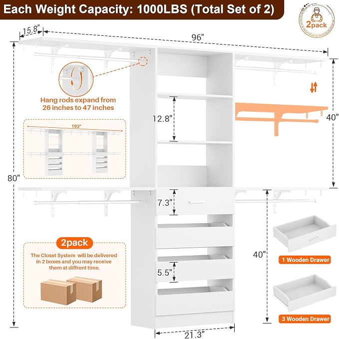 Aheaplus Closet System, Wood Closet Organizer System with Drawers, White | Set 2 Closet Wardrobe Organizer System with 4 Hanging Rods & Top Shelves, for Walk-in Closets, Cut Fits Spaces 4-9FT. Wide - Image 7