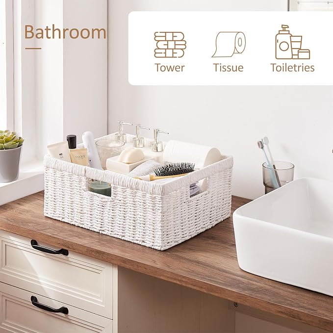 OIAHOMY Wicker Storage Basket, Rectangular Paper Rope Shelf Baskets with Built-in Handles, Woven Decorative Organizer for Pantry, Shelves, Living Room and Bathroom, 1-Pack White - Image 6