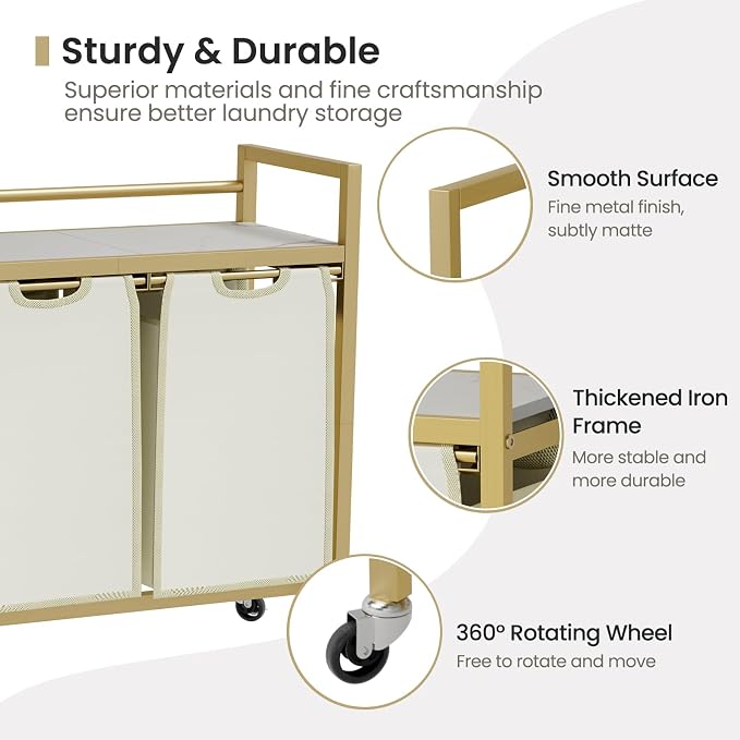 SwaaVee Laundry Sorter, Laundry Hamper with Wooden Top Shelf, 2×14.5Gal(110L), Metal Frame laundry basket with wheels, Pull out and Removable Laundry Bags, 2 Bags-Golden - Image 4