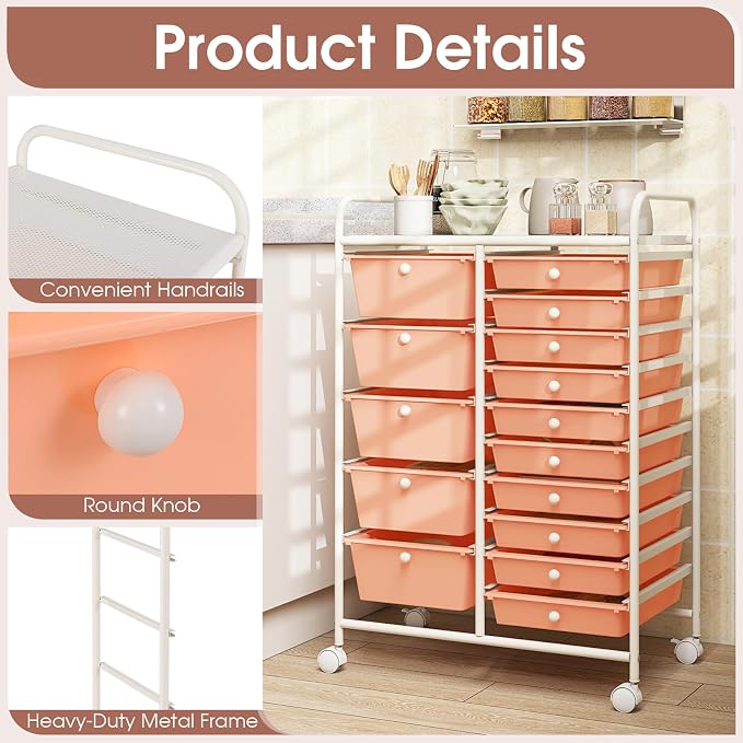 Moccha 15-Drawer Rolling Storage Cart - Under Desk Storage Drawers with wheels for Craft Art Supply Paper Salon, Scrapbook Paper Tools, Mobile Utility Cart for Classroom (15 Drawers, Peach) - Image 8